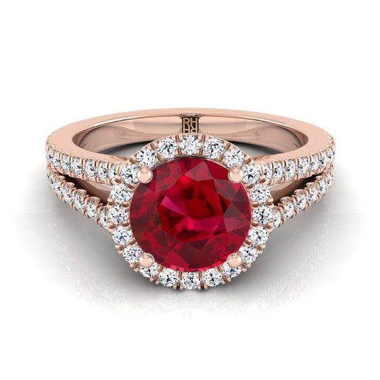 14K Rose Gold Round Brilliant Ruby Halo Center with French Pave Split Shank Engagement Ring -3/8ctw