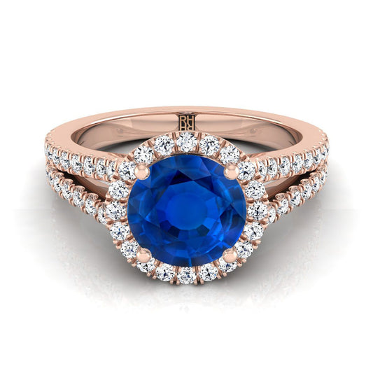 14K Rose Gold Round Brilliant Sapphire Halo Center with French Pave Split Shank Engagement Ring -3/8ctw