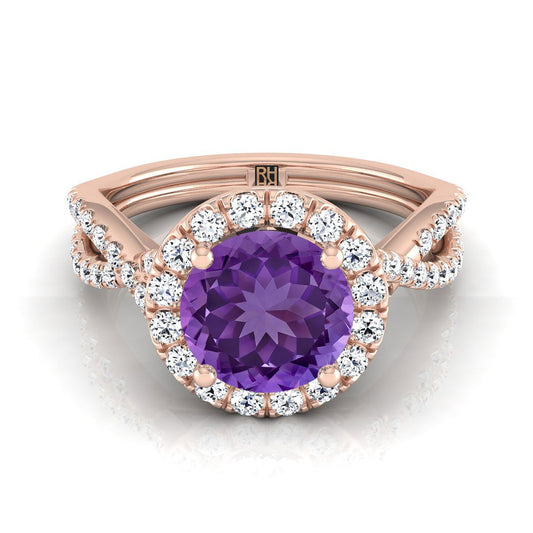 14K Rose Gold Round Brilliant Amethyst  Twisted Scalloped Pavé Diamonds Halo Engagement Ring -1/2ctw