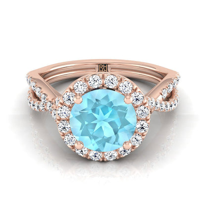 14K Rose Gold Round Brilliant Aquamarine  Twisted Scalloped Pavé Diamonds Halo Engagement Ring -1/2ctw