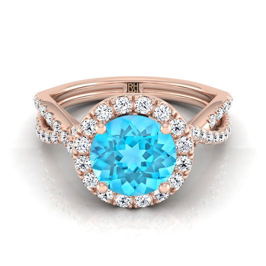 14K Rose Gold Round Brilliant Swiss Blue Topaz  Twisted Scalloped Pavé Diamonds Halo Engagement Ring -1/2ctw