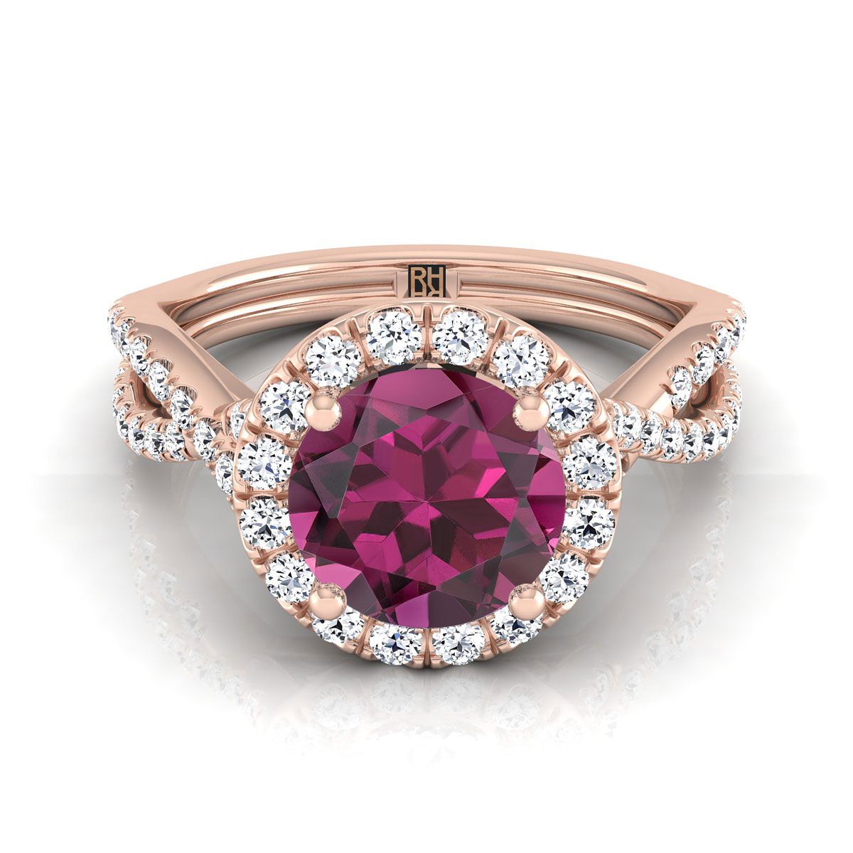 14K Rose Gold Round Brilliant Garnet  Twisted Scalloped Pavé Diamonds Halo Engagement Ring -1/2ctw