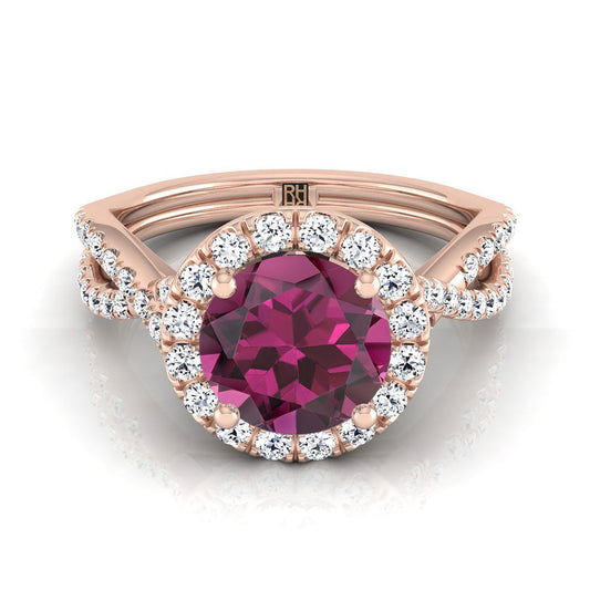 14K Rose Gold Round Brilliant Garnet  Twisted Scalloped Pavé Diamonds Halo Engagement Ring -1/2ctw