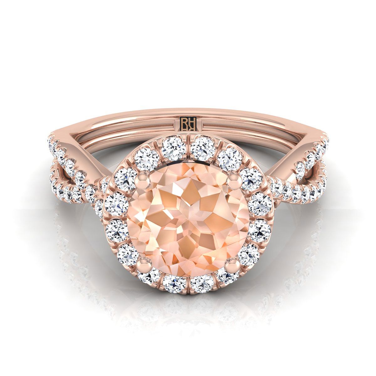 14K Rose Gold Round Brilliant Morganite  Twisted Scalloped Pavé Diamonds Halo Engagement Ring -1/2ctw