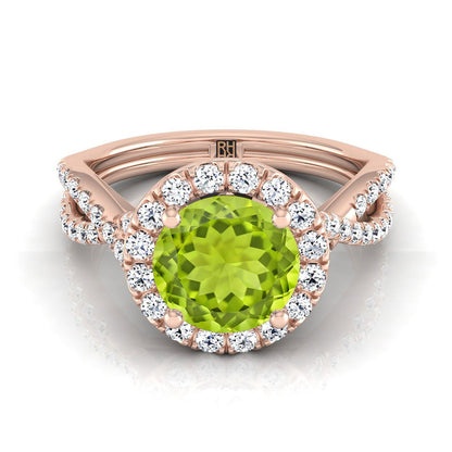 14K Rose Gold Round Brilliant Peridot  Twisted Scalloped Pavé Diamonds Halo Engagement Ring -1/2ctw