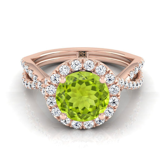 14K Rose Gold Round Brilliant Peridot  Twisted Scalloped Pavé Diamonds Halo Engagement Ring -1/2ctw