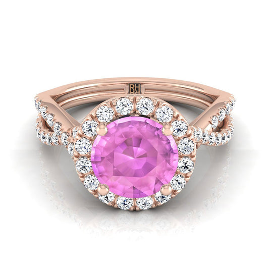 14K Rose Gold Round Brilliant Pink Sapphire  Twisted Scalloped Pavé Diamonds Halo Engagement Ring -1/2ctw