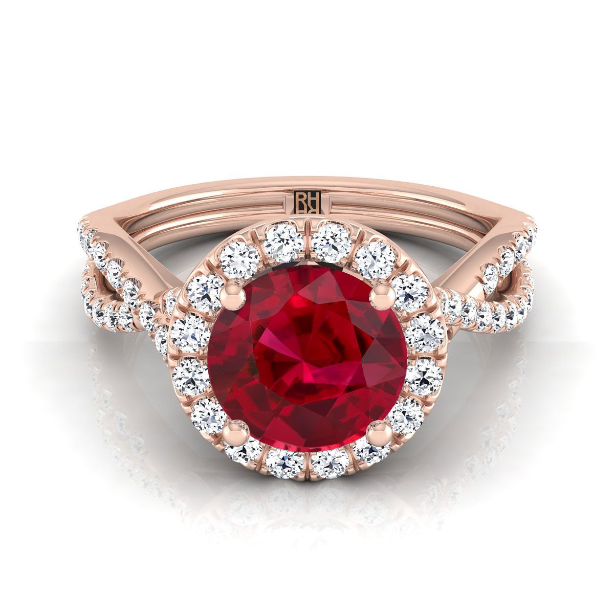 14K Rose Gold Round Brilliant Ruby  Twisted Scalloped Pavé Diamonds Halo Engagement Ring -1/2ctw