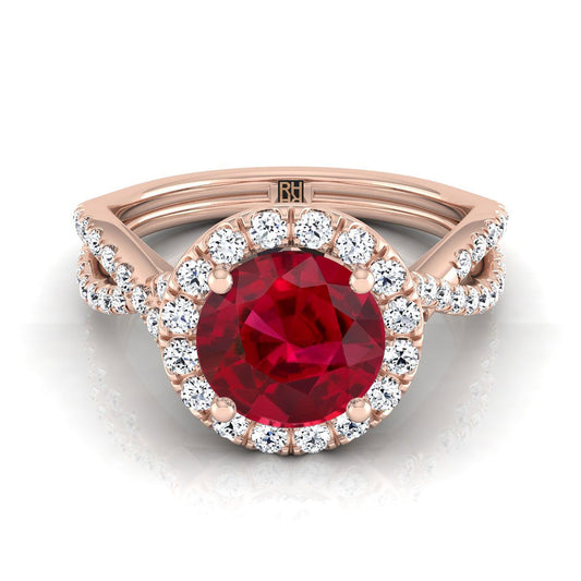 14K Rose Gold Round Brilliant Ruby  Twisted Scalloped Pavé Diamonds Halo Engagement Ring -1/2ctw