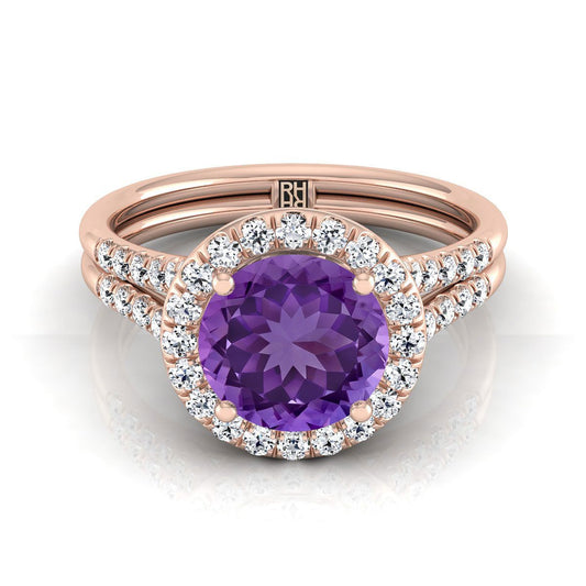 14K Rose Gold Round Brilliant French Pave Split Shank Halo Engagement Ring -3/8ctw