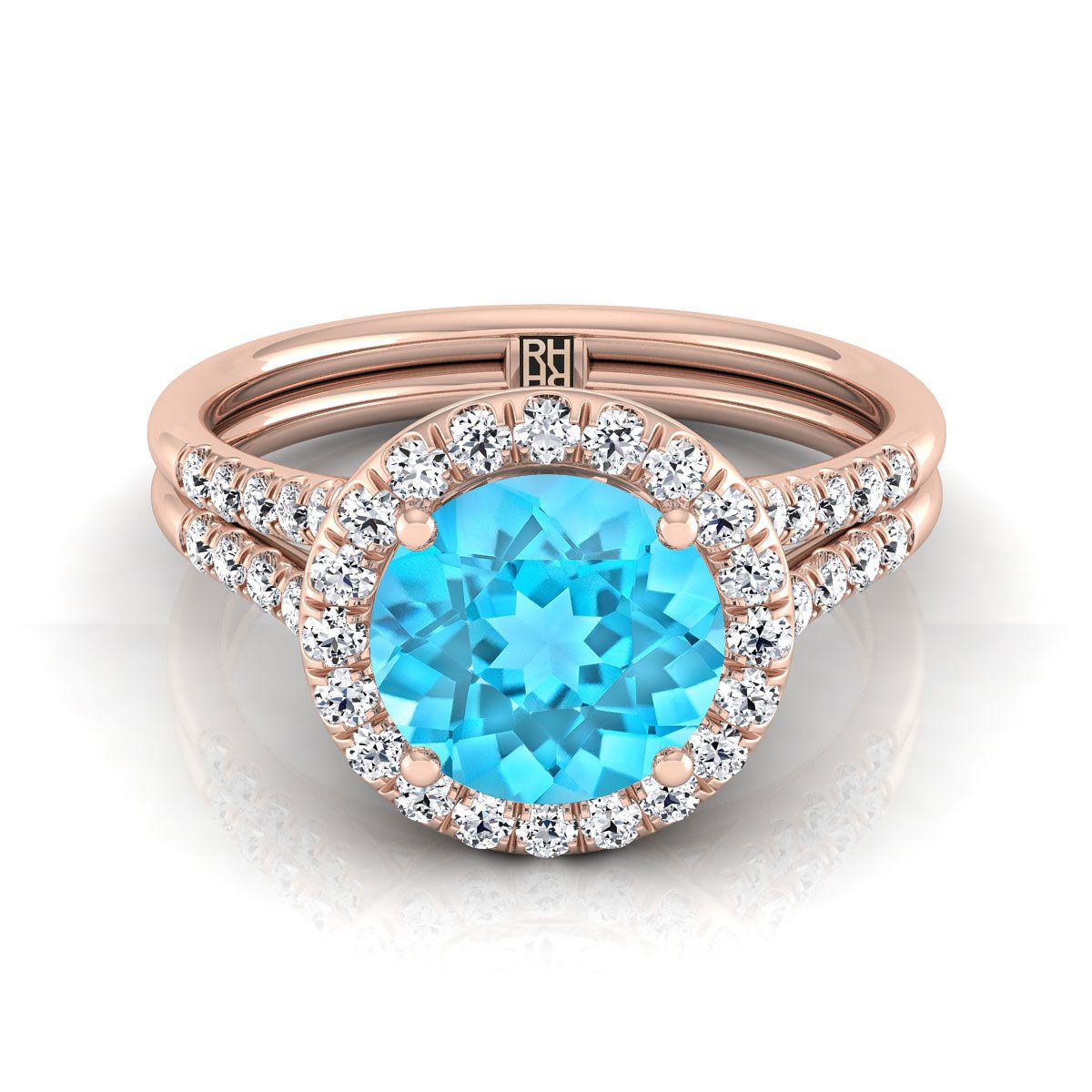 14K Rose Gold Round Brilliant French Pave Split Shank Halo Engagement Ring -3/8ctw