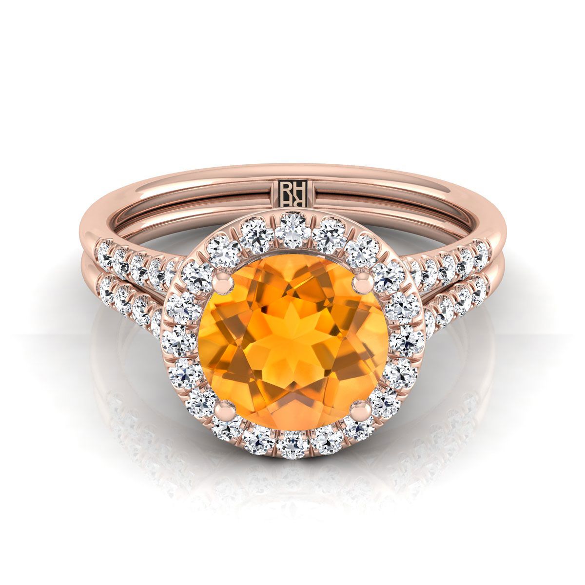 14K Rose Gold Round Brilliant French Pave Split Shank Halo Engagement Ring -3/8ctw