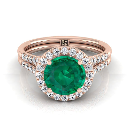 14K Rose Gold Round Brilliant French Pave Split Shank Halo Engagement Ring -3/8ctw