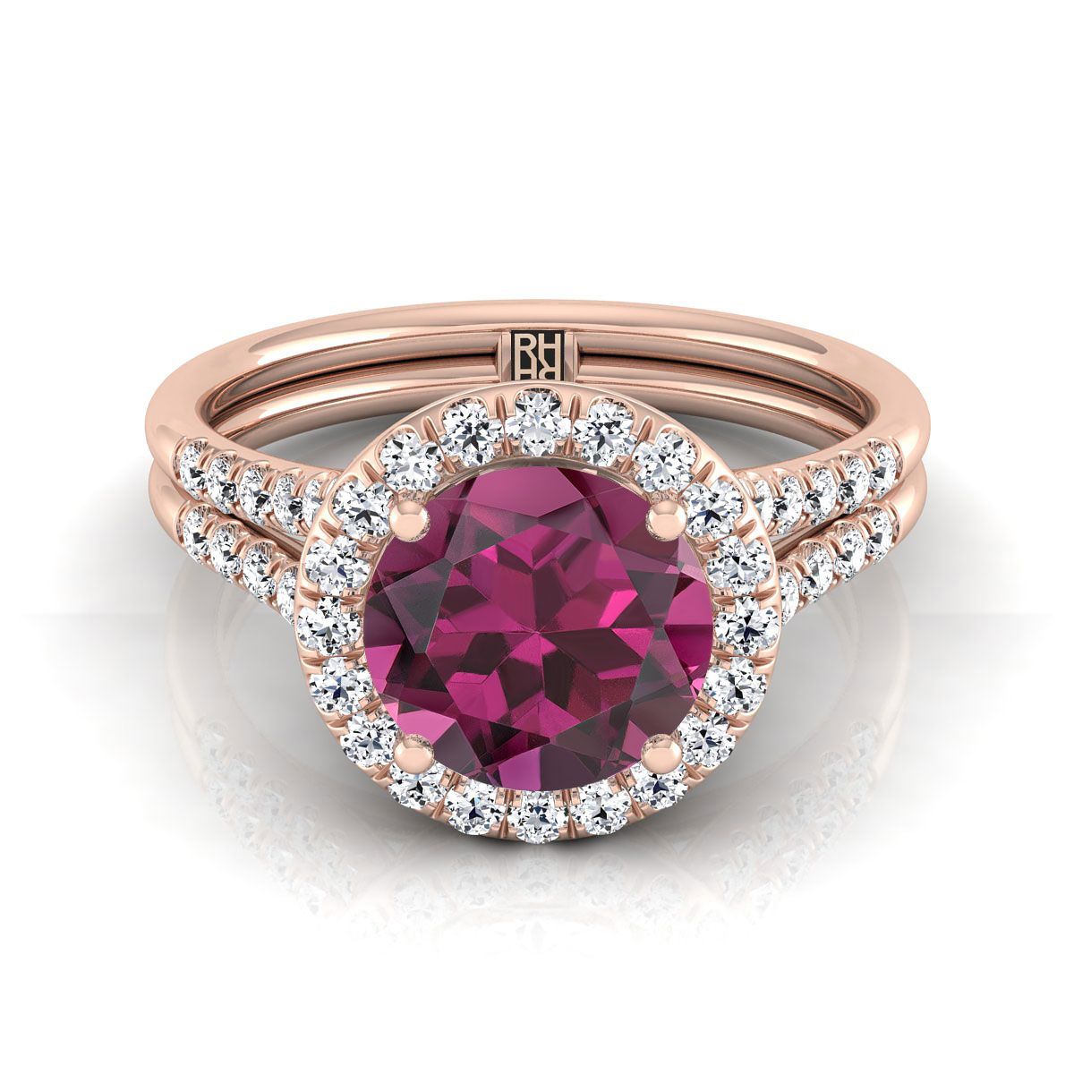 14K Rose Gold Round Brilliant French Pave Split Shank Halo Engagement Ring -3/8ctw