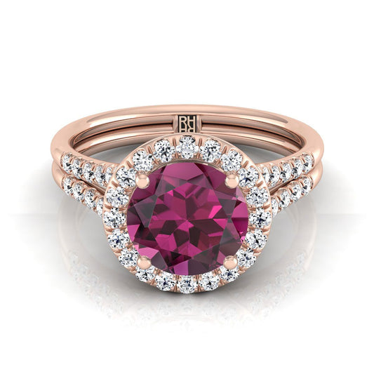 14K Rose Gold Round Brilliant French Pave Split Shank Halo Engagement Ring -3/8ctw