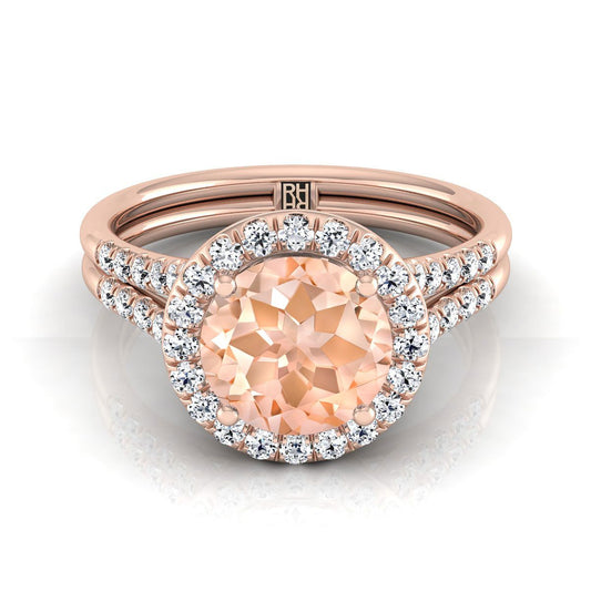 14K Rose Gold Round Brilliant French Pave Split Shank Halo Engagement Ring -3/8ctw