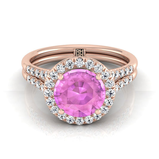 14K Rose Gold Round Brilliant French Pave Split Shank Halo Engagement Ring -3/8ctw