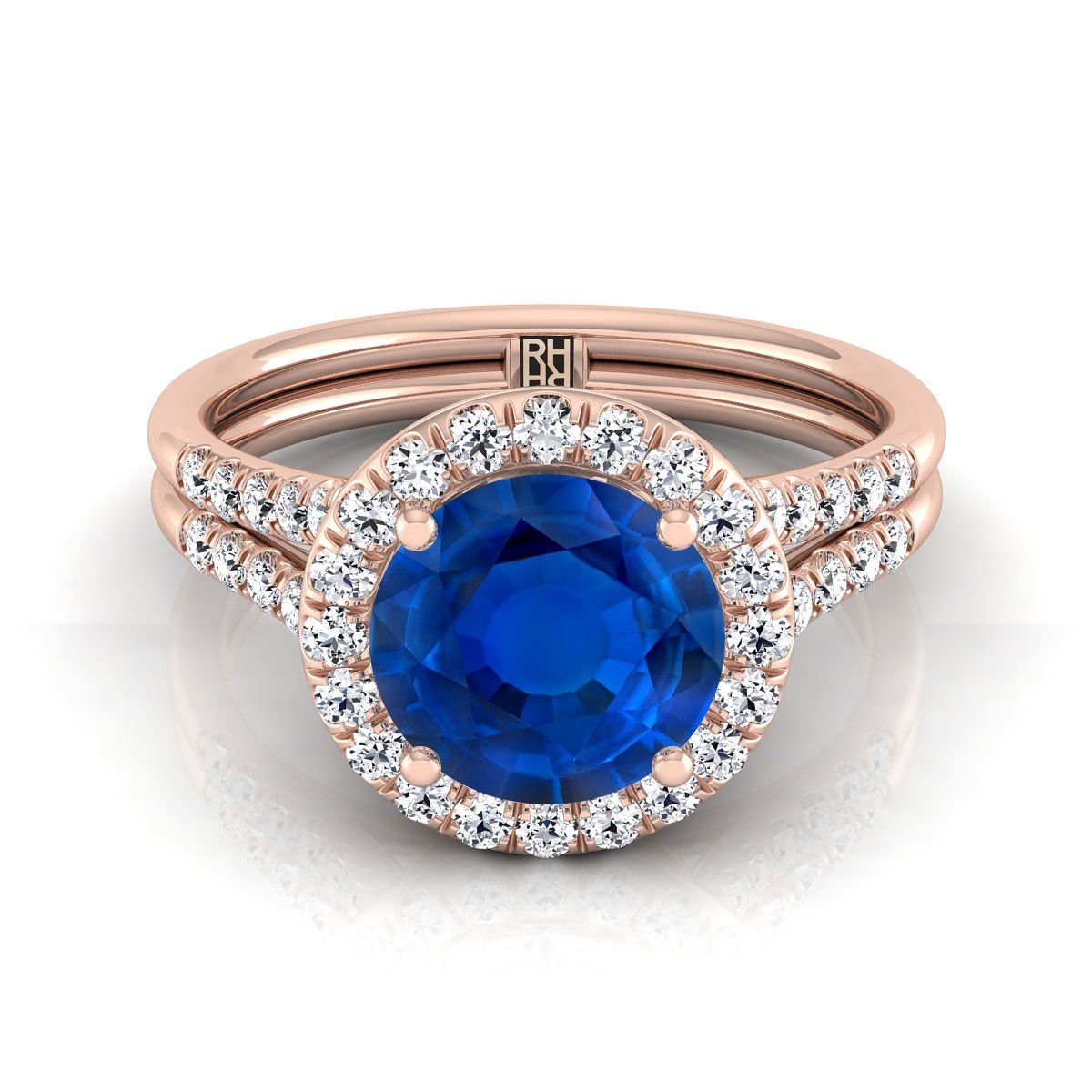 14K Rose Gold Round Brilliant French Pave Split Shank Halo Engagement Ring -3/8ctw