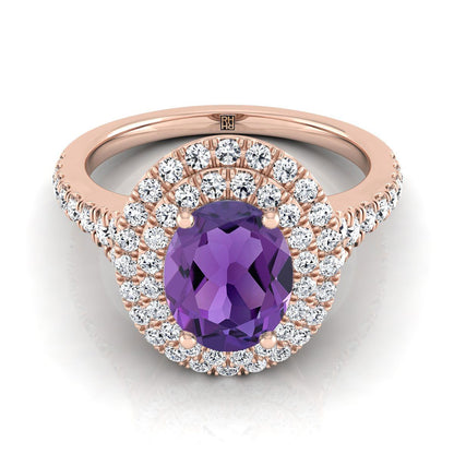 14K Rose Gold Oval Amethyst Double Halo with Scalloped Pavé Diamond Engagement Ring -1/2ctw