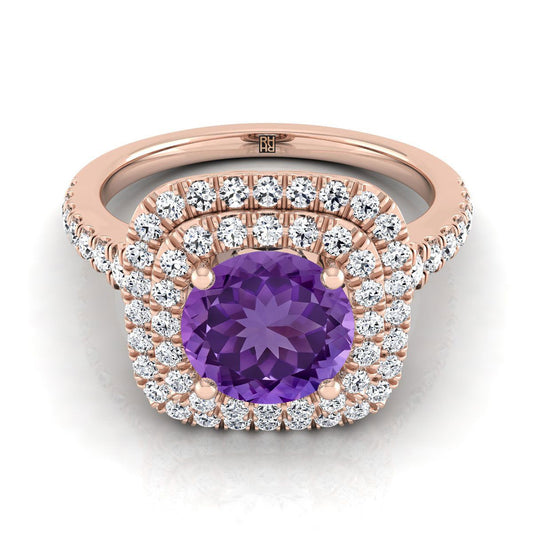 14K Rose Gold Round Brilliant Amethyst Double Halo with Scalloped Pavé Diamond Engagement Ring -1/2ctw
