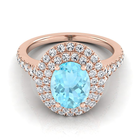 14K Rose Gold Oval Aquamarine Double Halo with Scalloped Pavé Diamond Engagement Ring -1/2ctw
