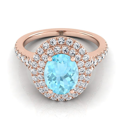 14K Rose Gold Oval Aquamarine Double Halo with Scalloped Pavé Diamond Engagement Ring -1/2ctw