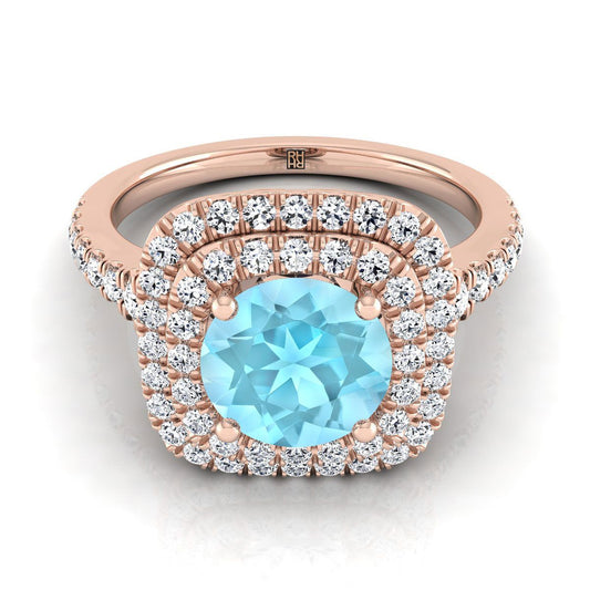 14K Rose Gold Round Brilliant Aquamarine Double Halo with Scalloped Pavé Diamond Engagement Ring -1/2ctw