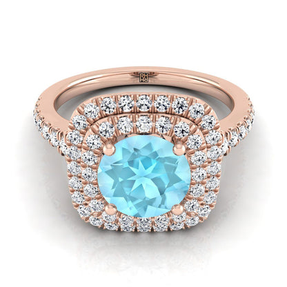 14K Rose Gold Round Brilliant Aquamarine Double Halo with Scalloped Pavé Diamond Engagement Ring -1/2ctw