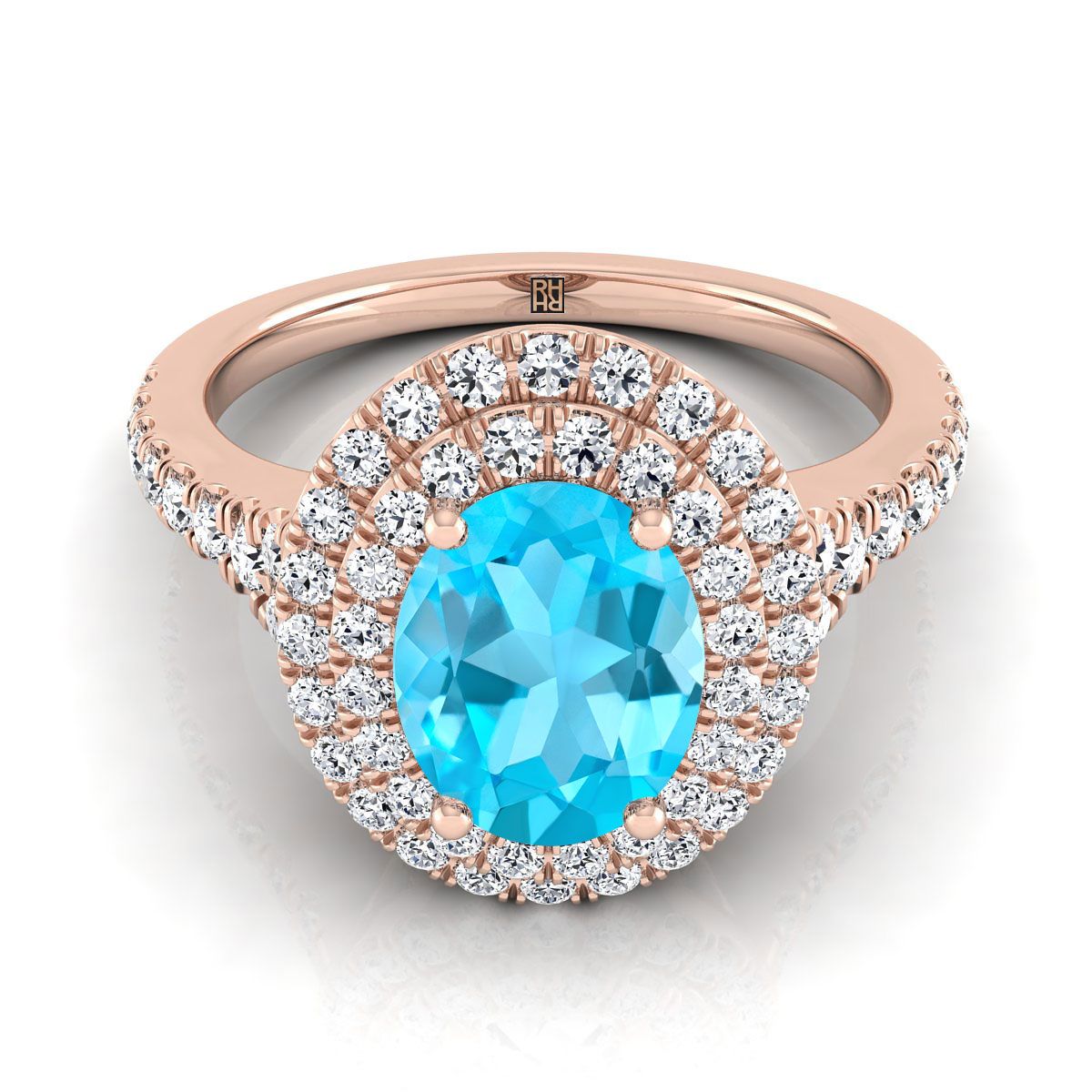 14K Rose Gold Oval Swiss Blue Topaz Double Halo with Scalloped Pavé Diamond Engagement Ring -1/2ctw