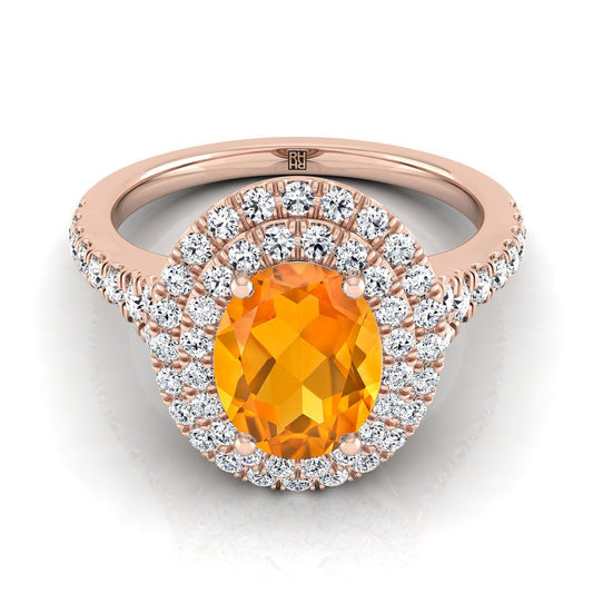 14K Rose Gold Oval Citrine Double Halo with Scalloped Pavé Diamond Engagement Ring -1/2ctw