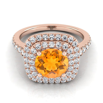 14K Rose Gold Round Brilliant Citrine Double Halo with Scalloped Pavé Diamond Engagement Ring -1/2ctw