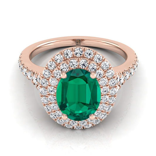 14K Rose Gold Oval Emerald Double Halo with Scalloped Pavé Diamond Engagement Ring -1/2ctw