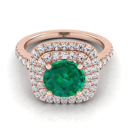 14K Rose Gold Round Brilliant Emerald Double Halo with Scalloped Pavé Diamond Engagement Ring -1/2ctw