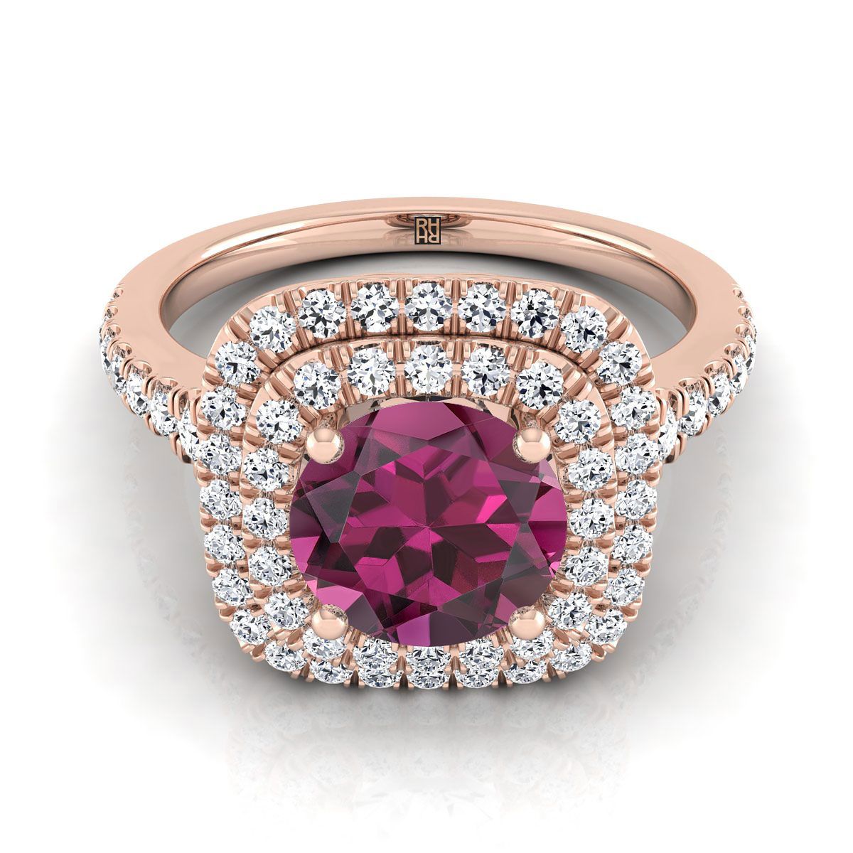 14K Rose Gold Round Brilliant Garnet Double Halo with Scalloped Pavé Diamond Engagement Ring -1/2ctw