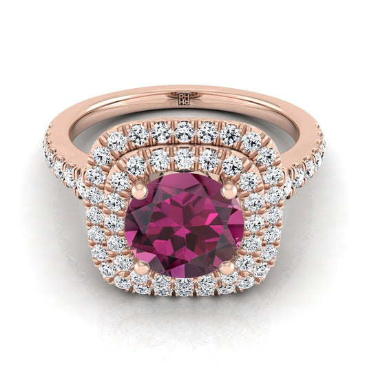 14K Rose Gold Round Brilliant Garnet Double Halo with Scalloped Pavé Diamond Engagement Ring -1/2ctw