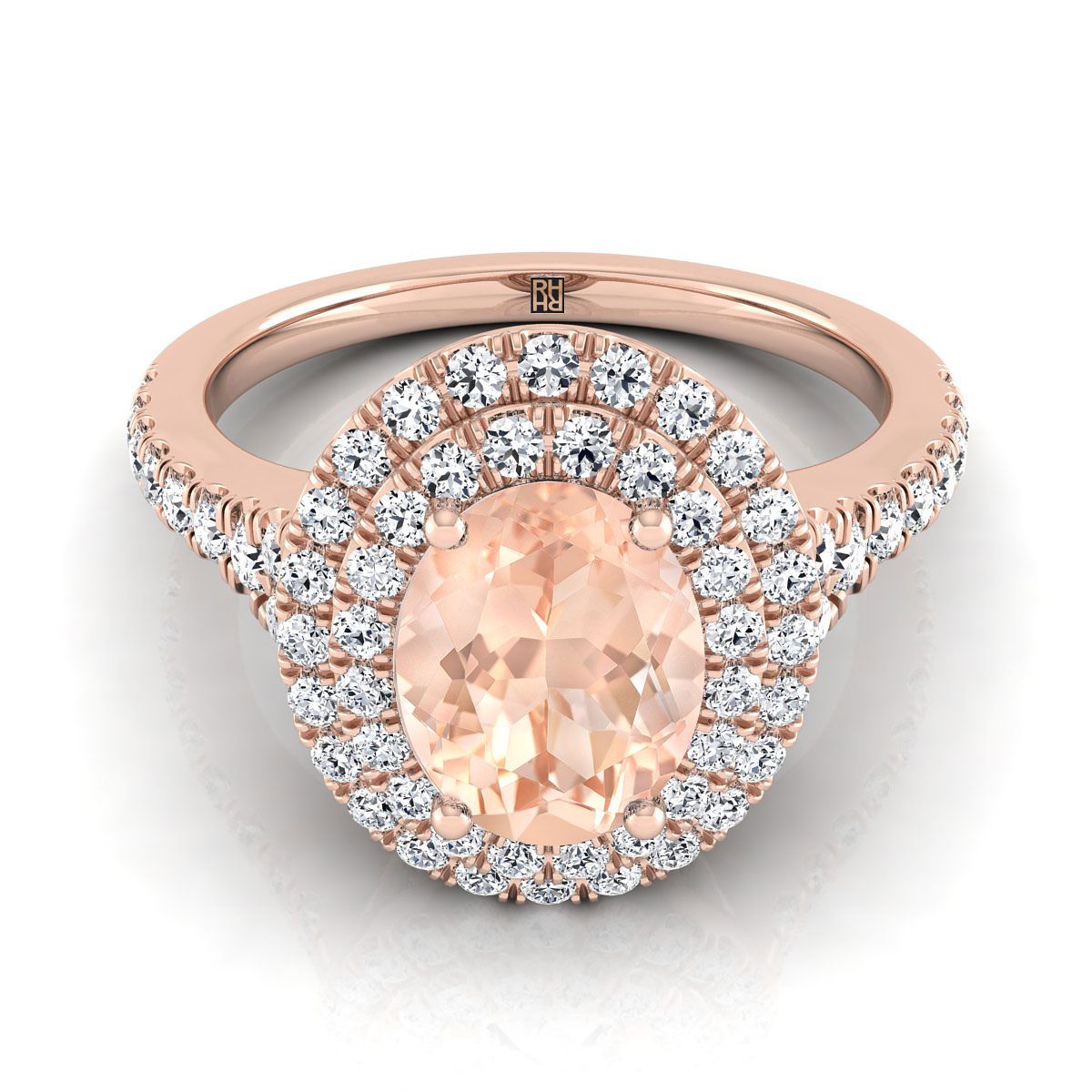 14K Rose Gold Oval Morganite Double Halo with Scalloped Pavé Diamond Engagement Ring -1/2ctw
