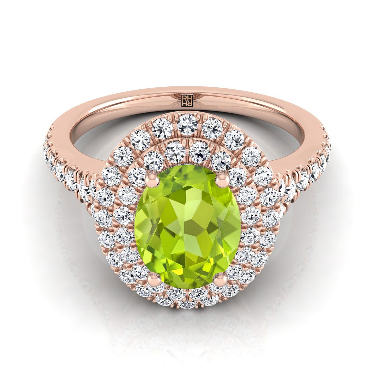 14K Rose Gold Oval Peridot Double Halo with Scalloped Pavé Diamond Engagement Ring -1/2ctw