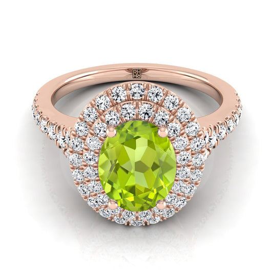 14K Rose Gold Oval Peridot Double Halo with Scalloped Pavé Diamond Engagement Ring -1/2ctw