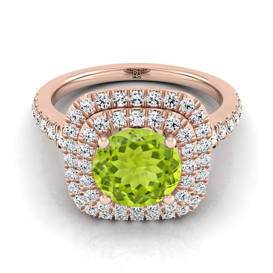 14K Rose Gold Round Brilliant Peridot Double Halo with Scalloped Pavé Diamond Engagement Ring -1/2ctw