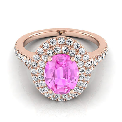 14K Rose Gold Oval Pink Sapphire Double Halo with Scalloped Pavé Diamond Engagement Ring -1/2ctw