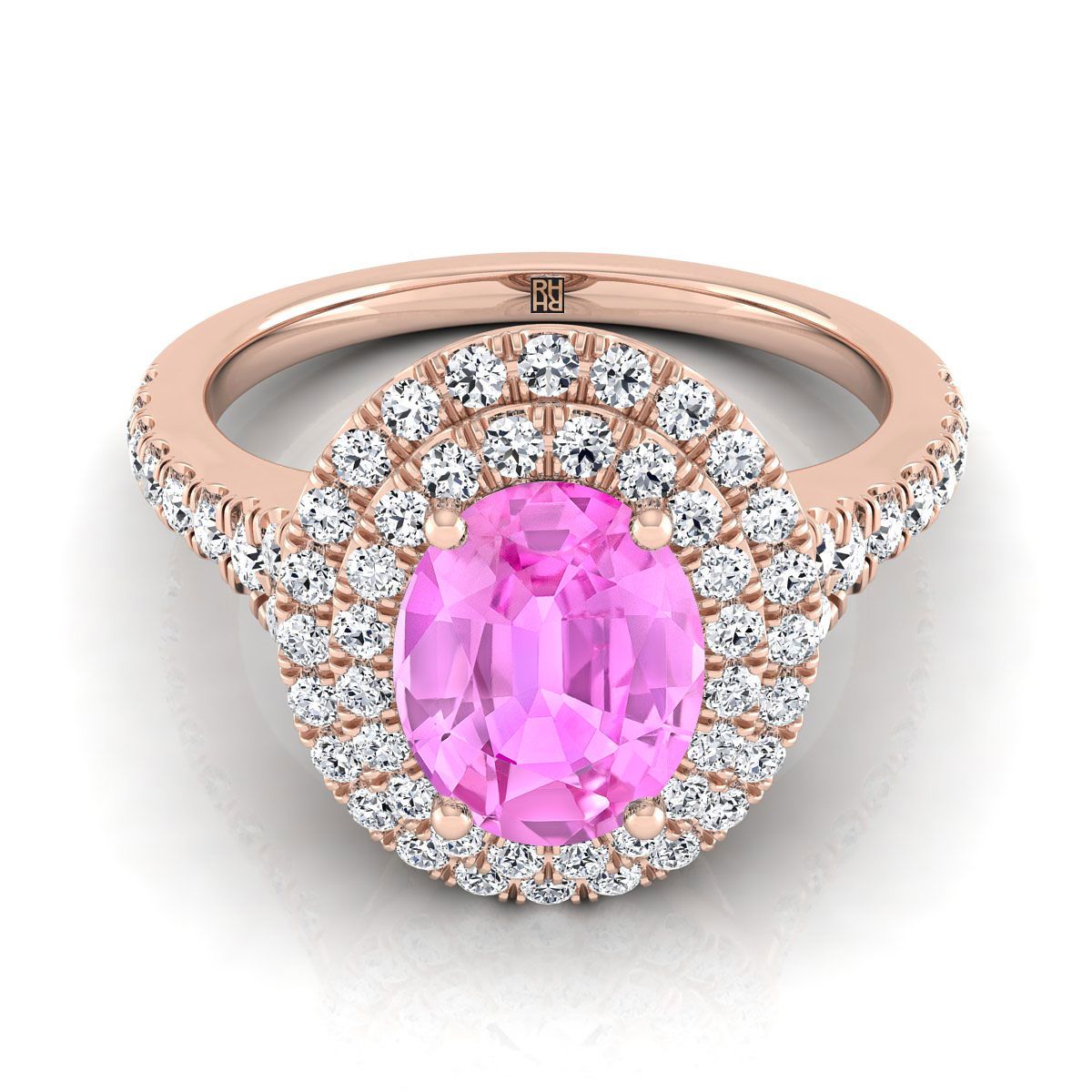 14K Rose Gold Oval Pink Sapphire Double Halo with Scalloped Pavé Diamond Engagement Ring -1/2ctw