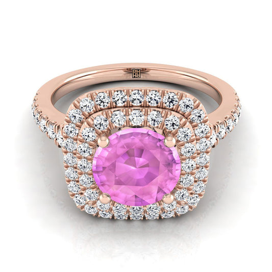 14K Rose Gold Round Brilliant Pink Sapphire Double Halo with Scalloped Pavé Diamond Engagement Ring -1/2ctw