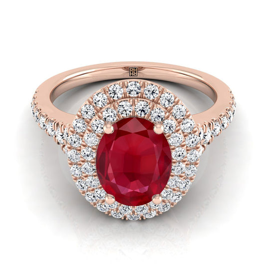 14K Rose Gold Oval Ruby Double Halo with Scalloped Pavé Diamond Engagement Ring -1/2ctw
