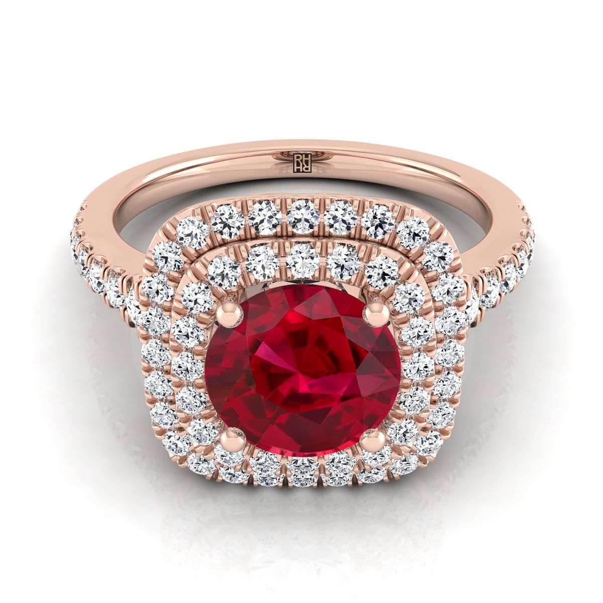 14K Rose Gold Round Brilliant Ruby Double Halo with Scalloped Pavé Diamond Engagement Ring -1/2ctw