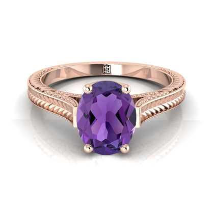 14K Rose Gold Oval Amethyst Hand Engraved Vintage Cathedral Style Solitaire Engagement Ring