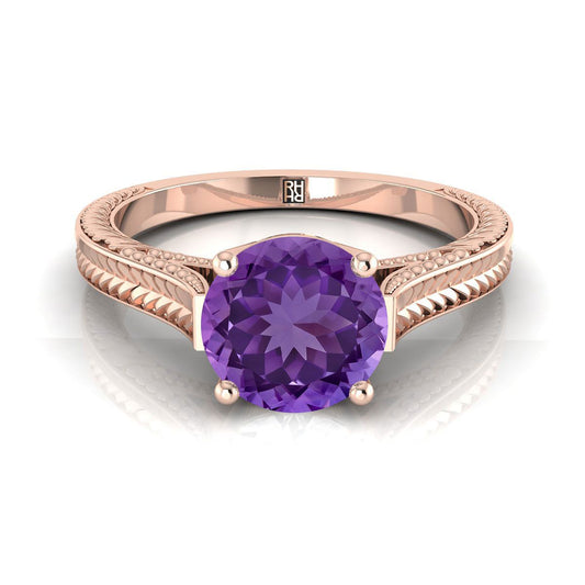 14K Rose Gold Round Brilliant Amethyst Hand Engraved Vintage Cathedral Style Solitaire Engagement Ring