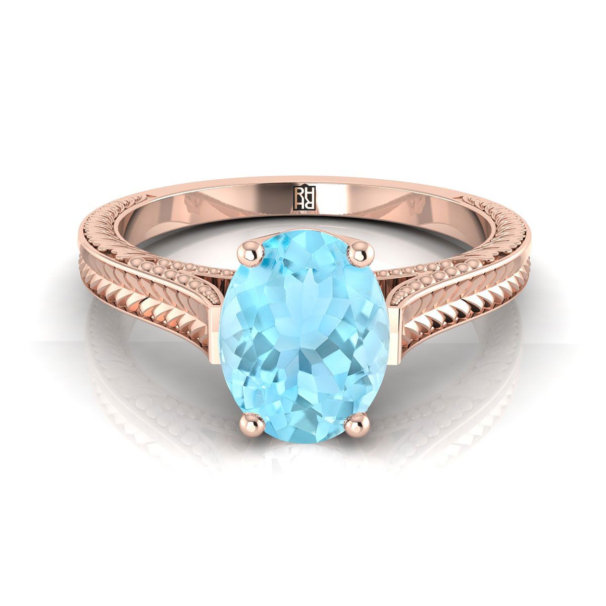 14K Rose Gold Oval Aquamarine Hand Engraved Vintage Cathedral Style Solitaire Engagement Ring