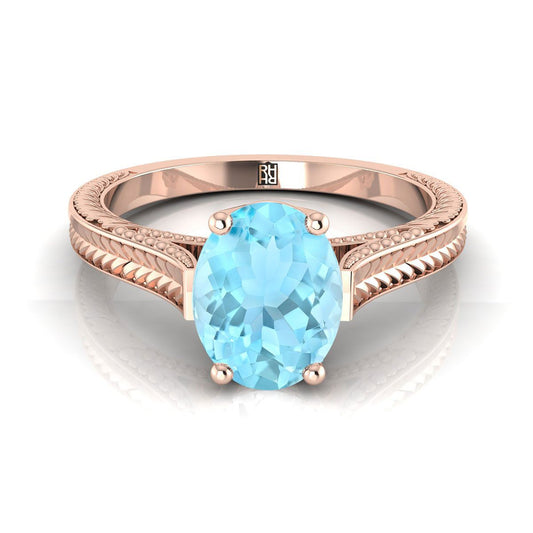 14K Rose Gold Oval Aquamarine Hand Engraved Vintage Cathedral Style Solitaire Engagement Ring