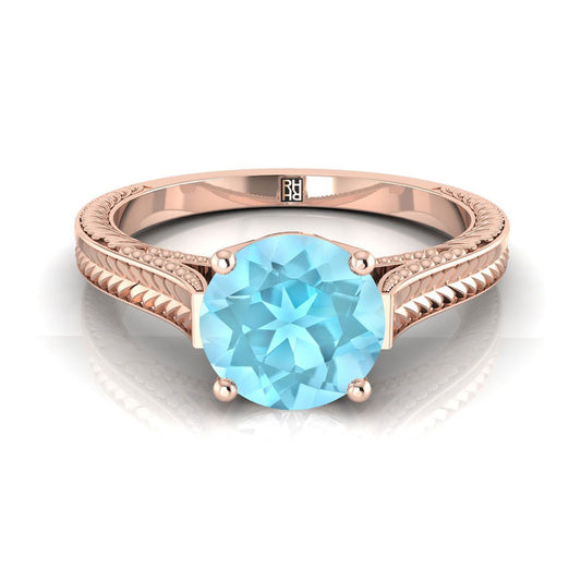 14K Rose Gold Round Brilliant Aquamarine Hand Engraved Vintage Cathedral Style Solitaire Engagement Ring