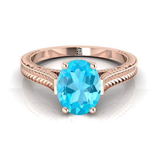 14K Rose Gold Oval Swiss Blue Topaz Hand Engraved Vintage Cathedral Style Solitaire Engagement Ring